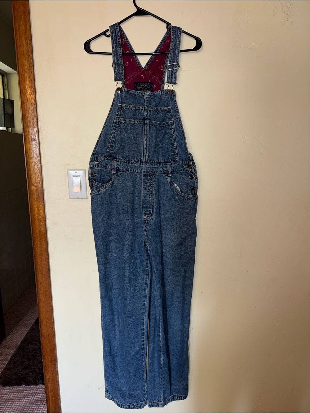 Cherokee Blue Denim Women's Overalls with Maroon Bib Lining